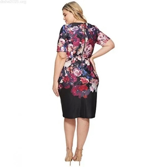 Adrianna Papell Black and Pink Floral Midi Dress - Picture 2 of 6